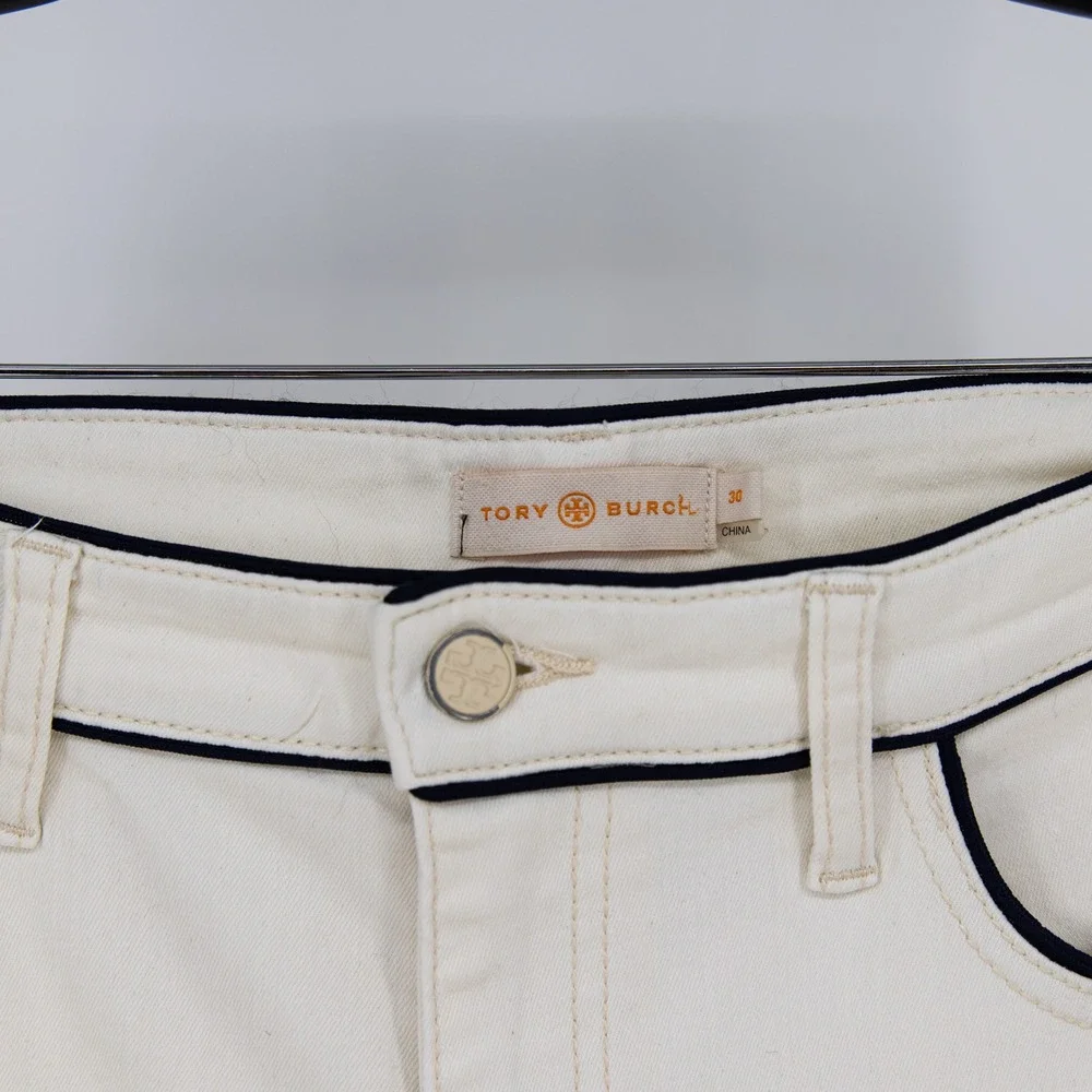 Tory Burch Cotton Stretch Straight Leg Ankle Crop Denim Jeans White Black Piping